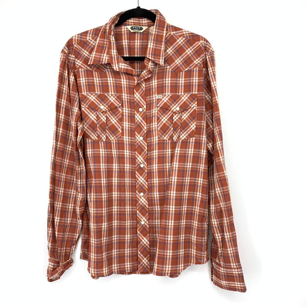 Salt Valley Western Plaid Shirt Womens Large Pearl SnapRed White Snap Front